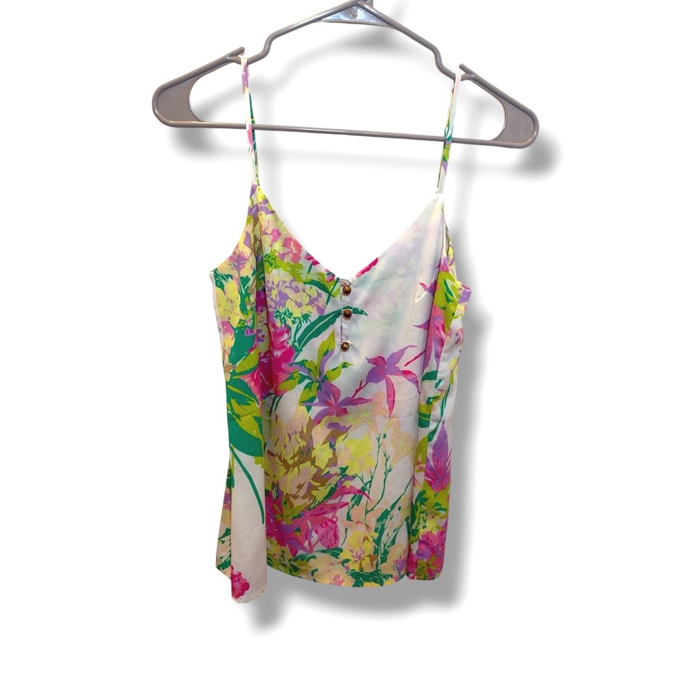 Yumi Kim Floral Camisole Top Women XS Multicolor V Neck Gold Button Strappy Tank